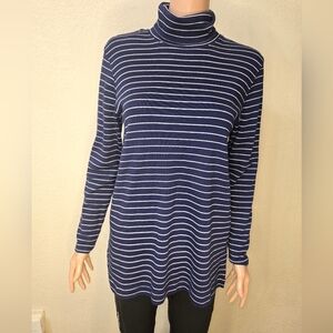Ladies Lands' End Navyb Blue/ White Striped Turtleneck Size Medium Petite (10-12